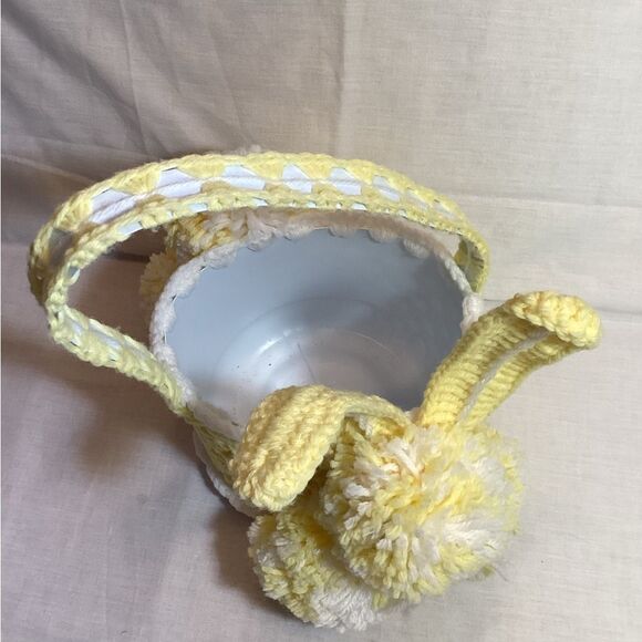Bunny Easter Basket Handmade Yellow & White Yarn Crochet with Pom Poms - Picture 4 of 12